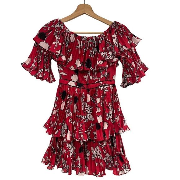 Self Portrait off shoulder pleated floral pattern mini dress - size 2 - Picture 7 of 12